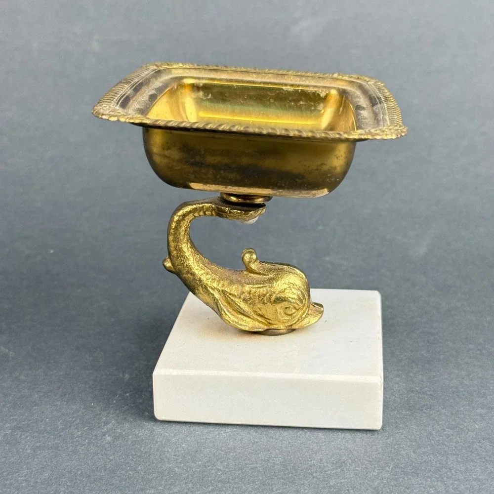 Vintage Italian Brass Koi Soap Dish Marble Base Trinket Tray Made in Italy